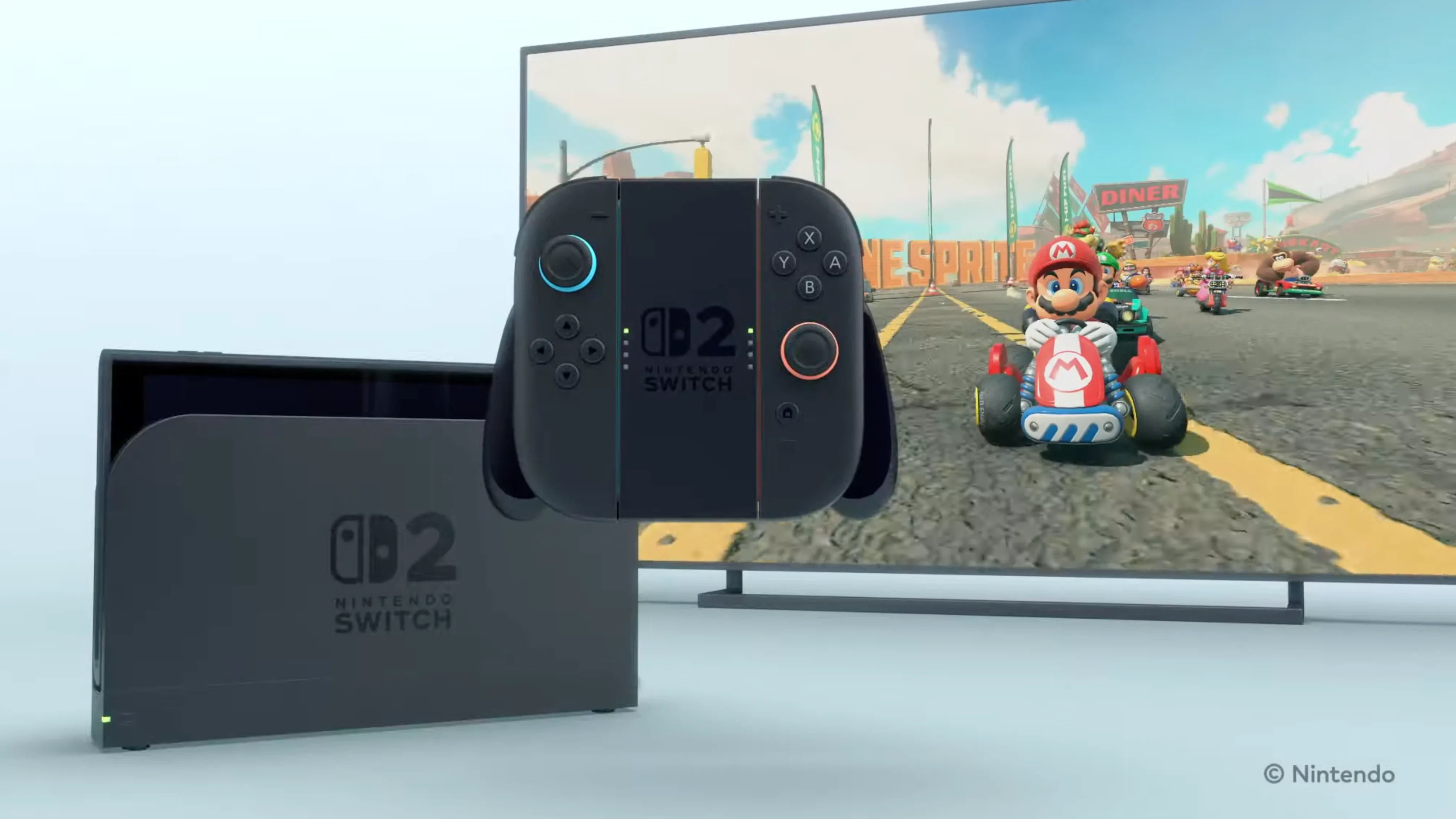 Nintendo Switch 2 đang kết nối với TV và chơi Mario Kart, minh họa cho gói ưu đãi đặc biệt kèm game khi ra mắt.