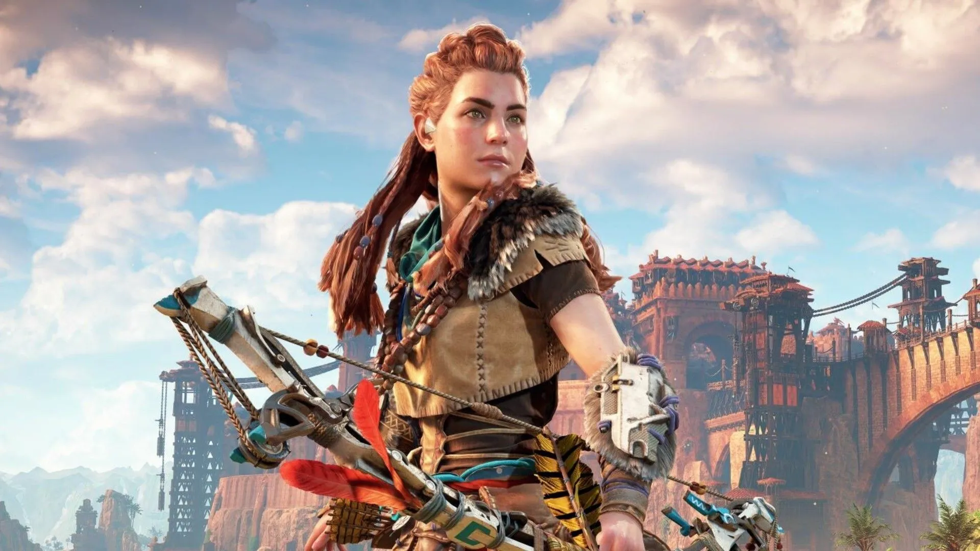 Nữ thợ săn Aloy với cung tên trước cảnh quan hùng vĩ trong Horizon Zero Dawn, bối cảnh thường dựa trên các Vườn Quốc gia Mỹ.