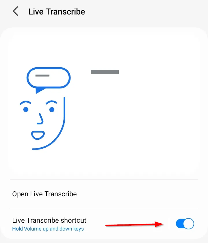 Nút bật/tắt &quot;Lối tắt Live Transcribe&quot; trên Samsung Galaxy