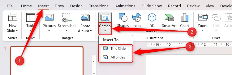 Nút Cameo trong PowerPoint được chọn, với tùy chọn chèn camera trên slide hiện hoạt hoặc tất cả các slide đang hiển thị.