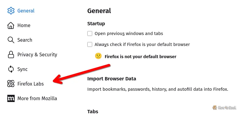 Nút Firefox Labs trong menu điều hướng cài đặt trình duyệt Firefox