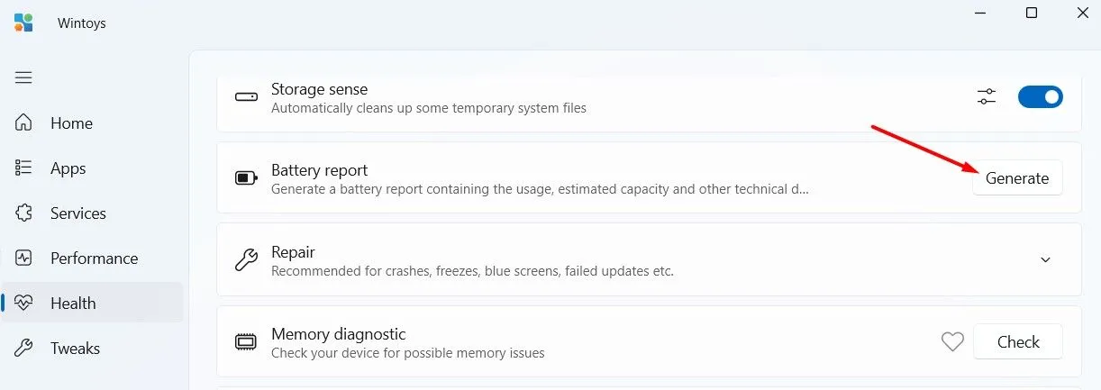Nút &quot;Generate&quot; trong phần &quot;Health&quot; của Wintoys để tạo báo cáo chi tiết về tình trạng pin laptop Windows.