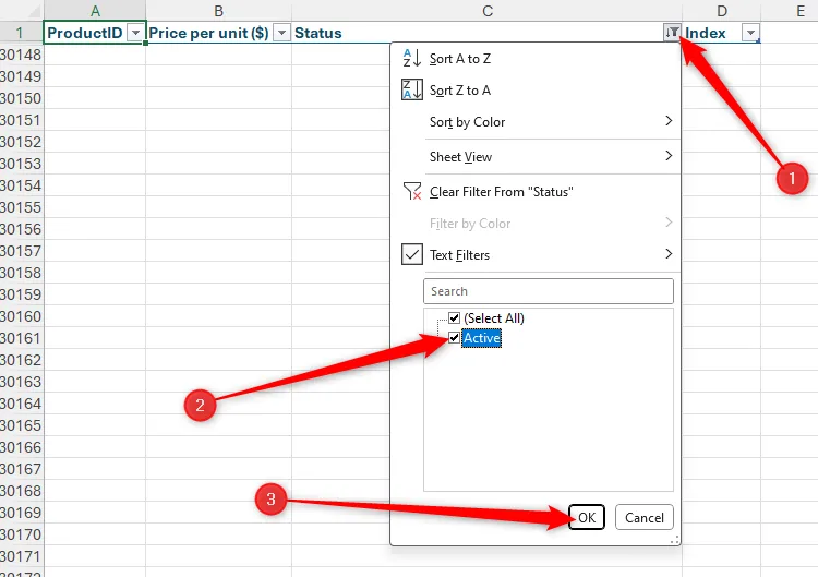 Nút lọc trên cột Trạng thái trong bảng tính Excel được kích hoạt, và &quot;Active&quot; được chọn.