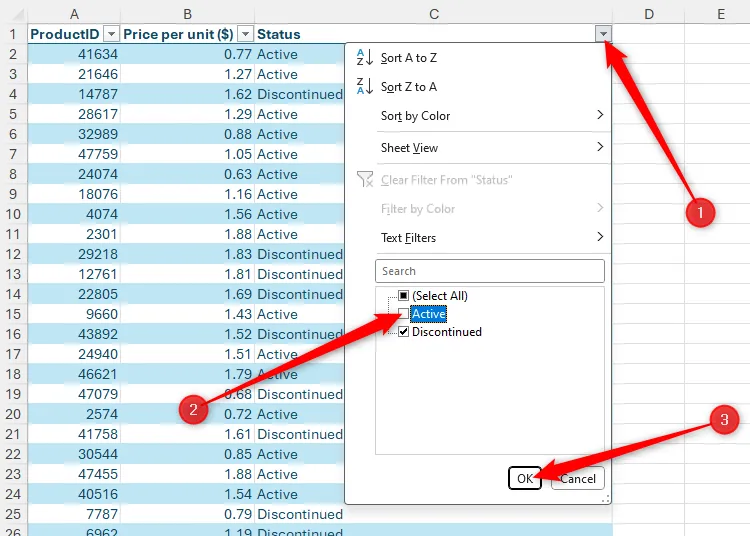 Nút lọc trên cột Trạng thái trong Excel được kích hoạt, bỏ chọn &quot;Active&quot;.