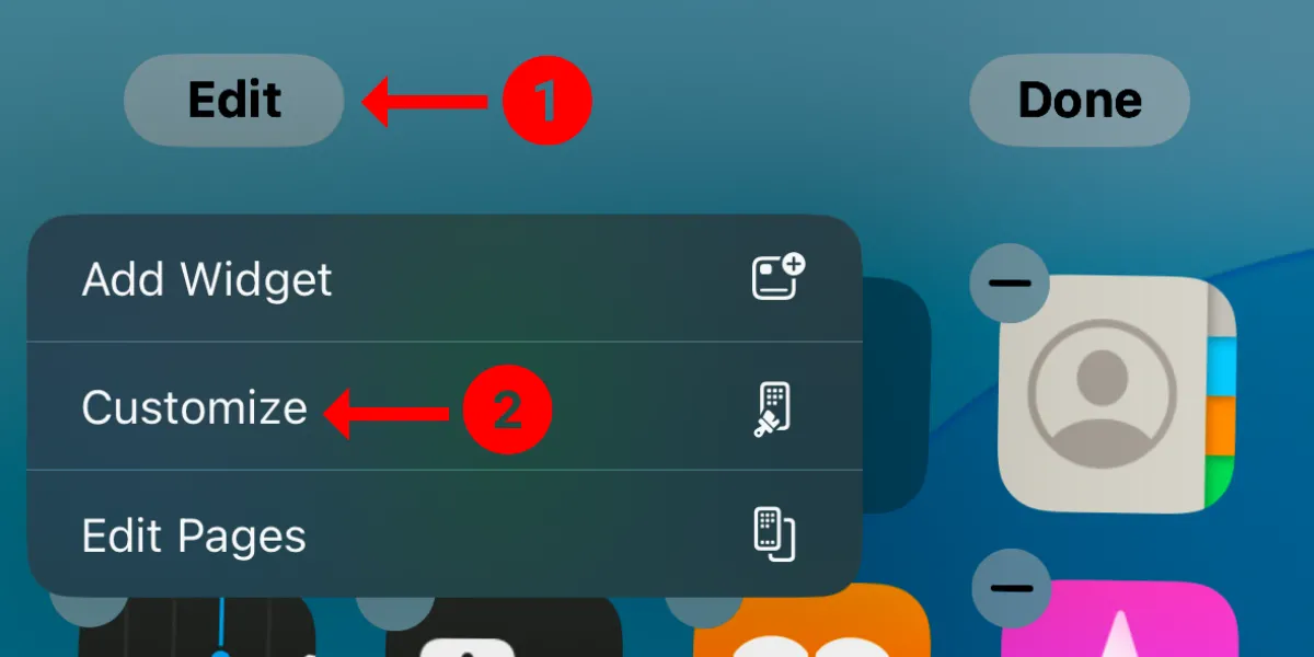 Nút 'Sửa' và 'Tùy chỉnh' trên iOS 18 để người dùng có thể điều chỉnh giao diện Dark Mode cho biểu tượng ứng dụng.