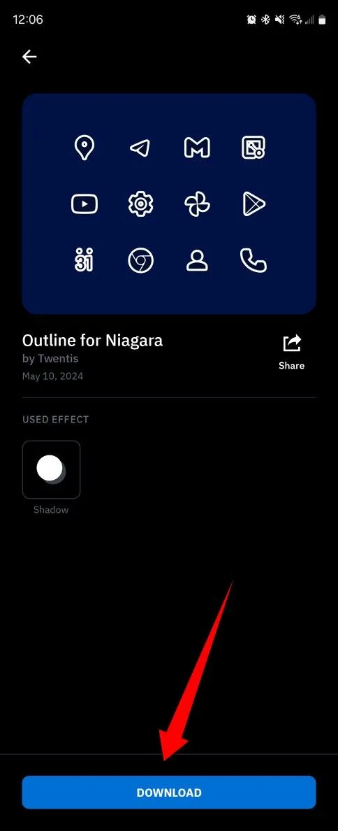 Nút tải xuống cho một chủ đề trong Icon Pack Studio dành cho Android.