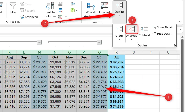Nút Ungroup trong mục Outline của thẻ Data trên thanh Ribbon Excel, dùng để bỏ nhóm các cột đã chọn.