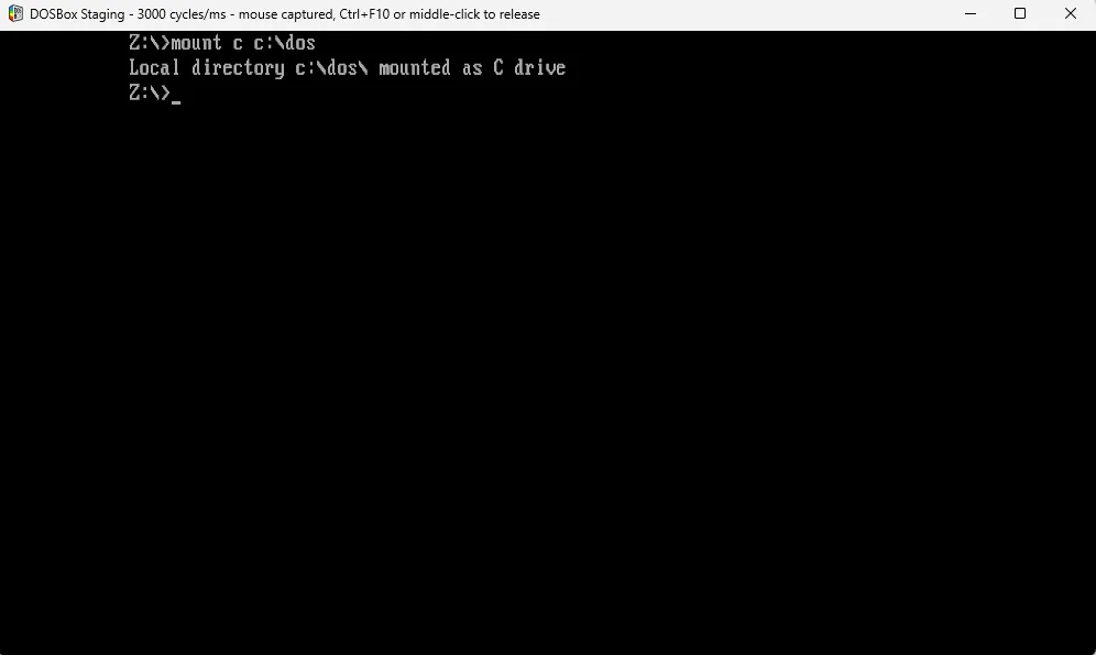 Ổ đĩa C ảo trong DOSBox Staging đã được gắn vào thư mục DOS trên PC thực