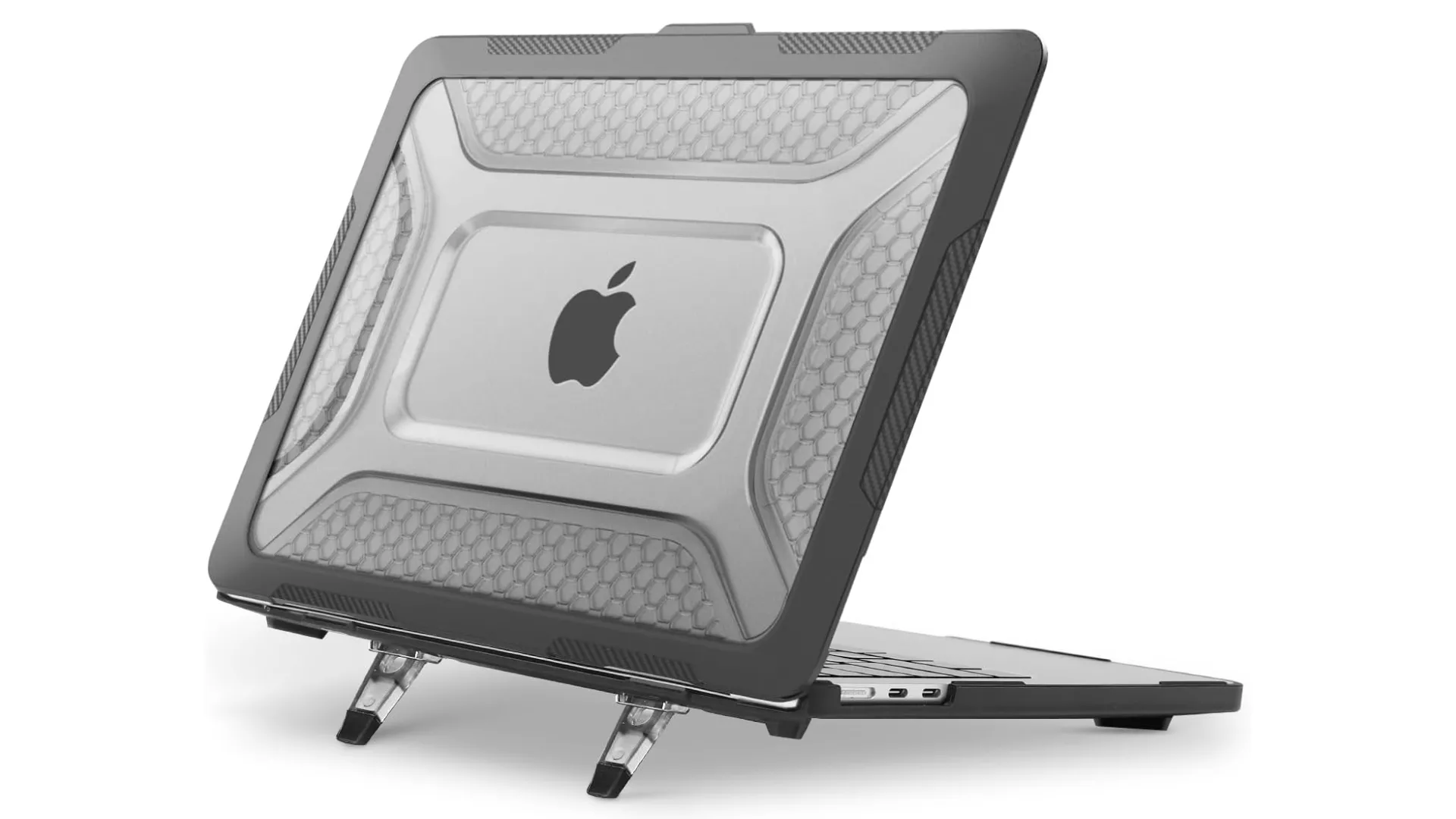 Ốp lưng nhựa cứng màu đen bảo vệ cho MacBook trên nền trắng, thể hiện sự chắc chắn và thiết kế ôm sát.