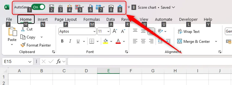 Phím tắt Alt cho các công cụ trên Thanh công cụ truy cập nhanh (QAT) của Excel.