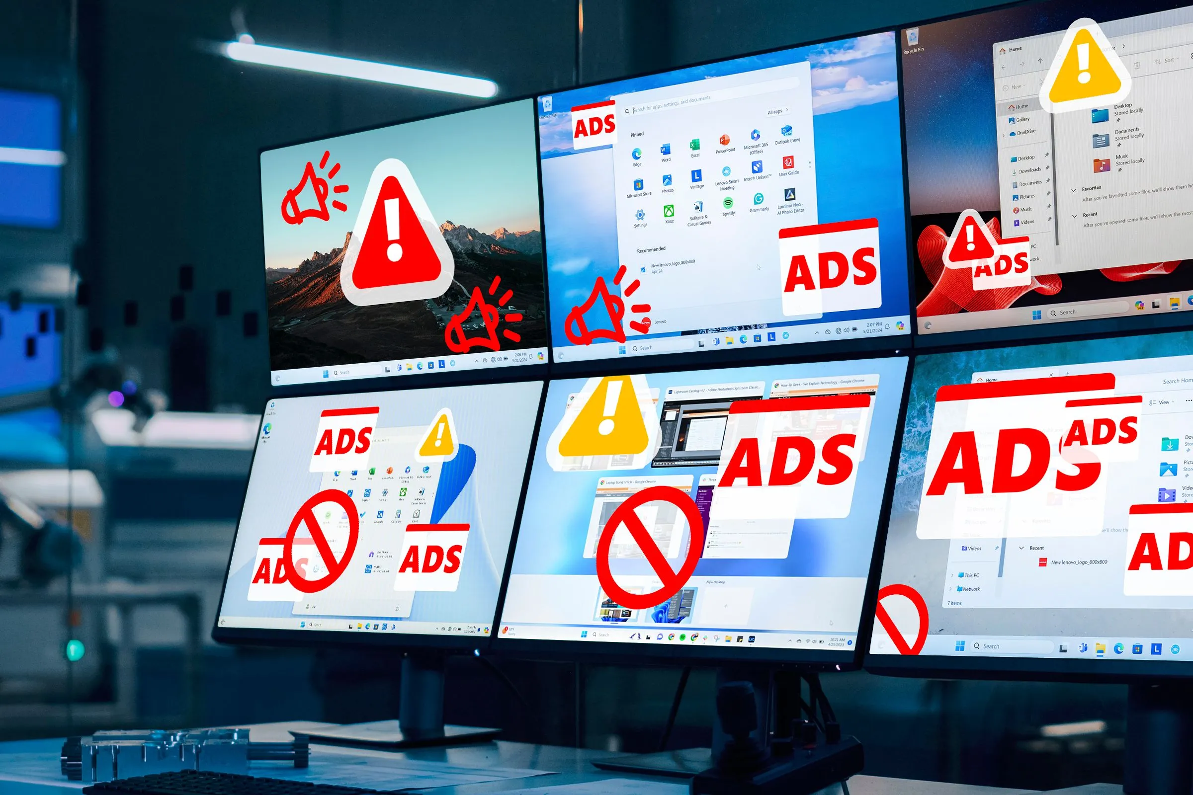 Phòng điều khiển với nhiều màn hình Windows 11 hiển thị quảng cáo gây khó chịu, đối lập với SteamOS mã nguồn mở