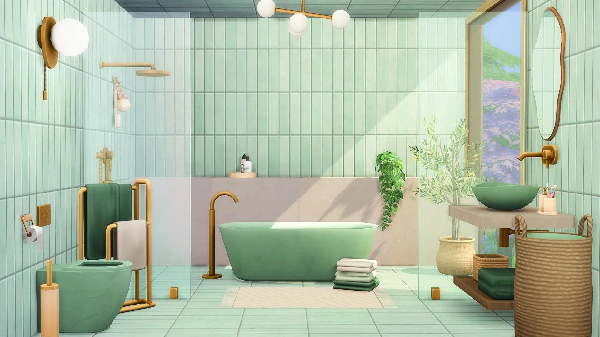 Phòng tắm màu xanh lá cây với bồn tắm là trung tâm trong The Sims 4, hình ảnh gợi liên tưởng đến màu sắc trong Not So Berry Challenge