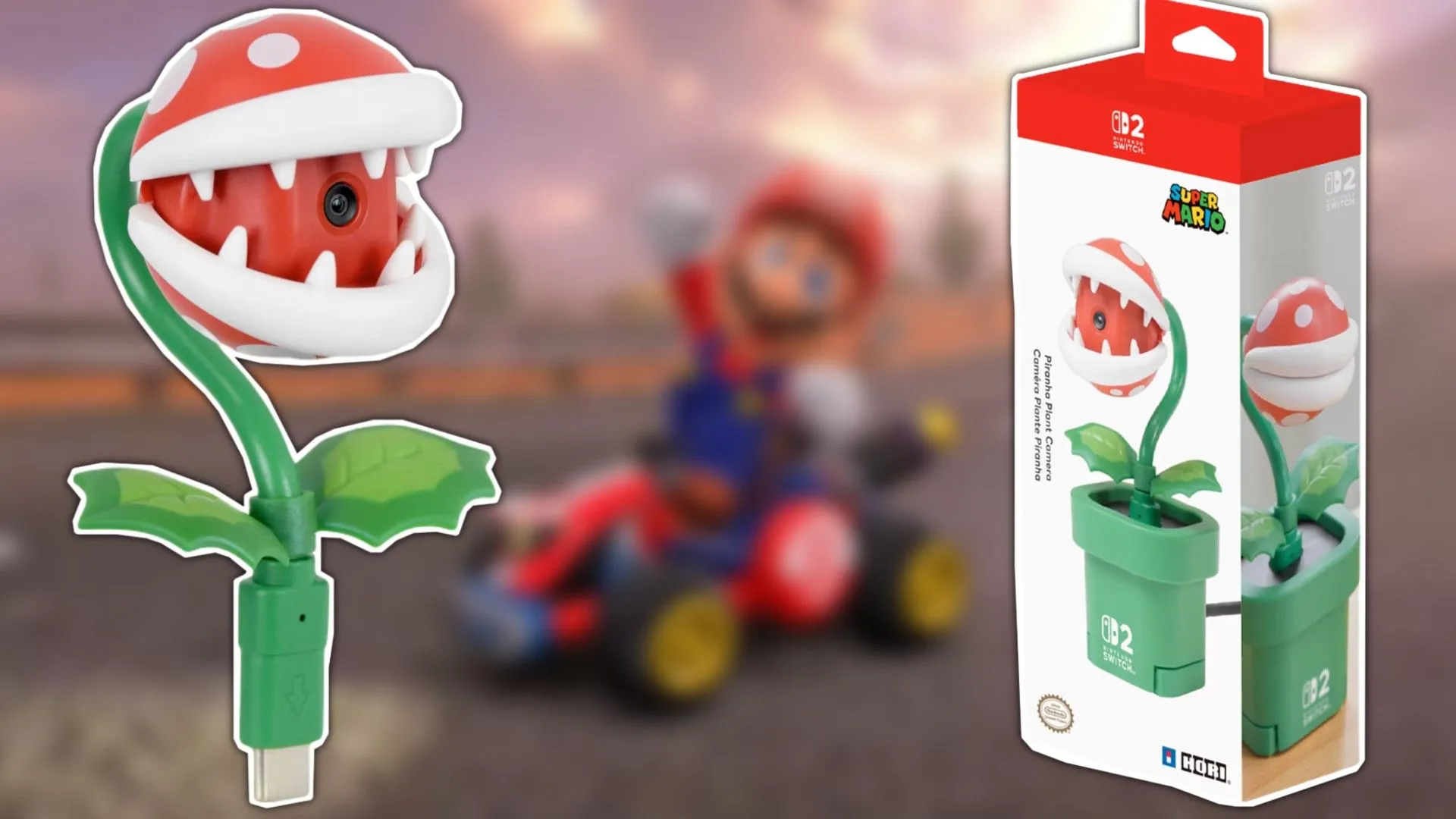 Phụ kiện camera Hori Piranha Plant cho Nintendo Switch 2, với hình ảnh Mario trong Mario Kart World phía sau