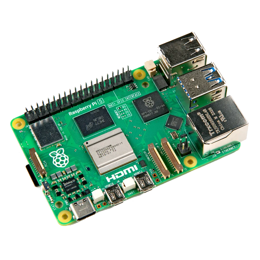 Raspberry Pi 5 với các chip xử lý và cổng kết nối được đánh dấu