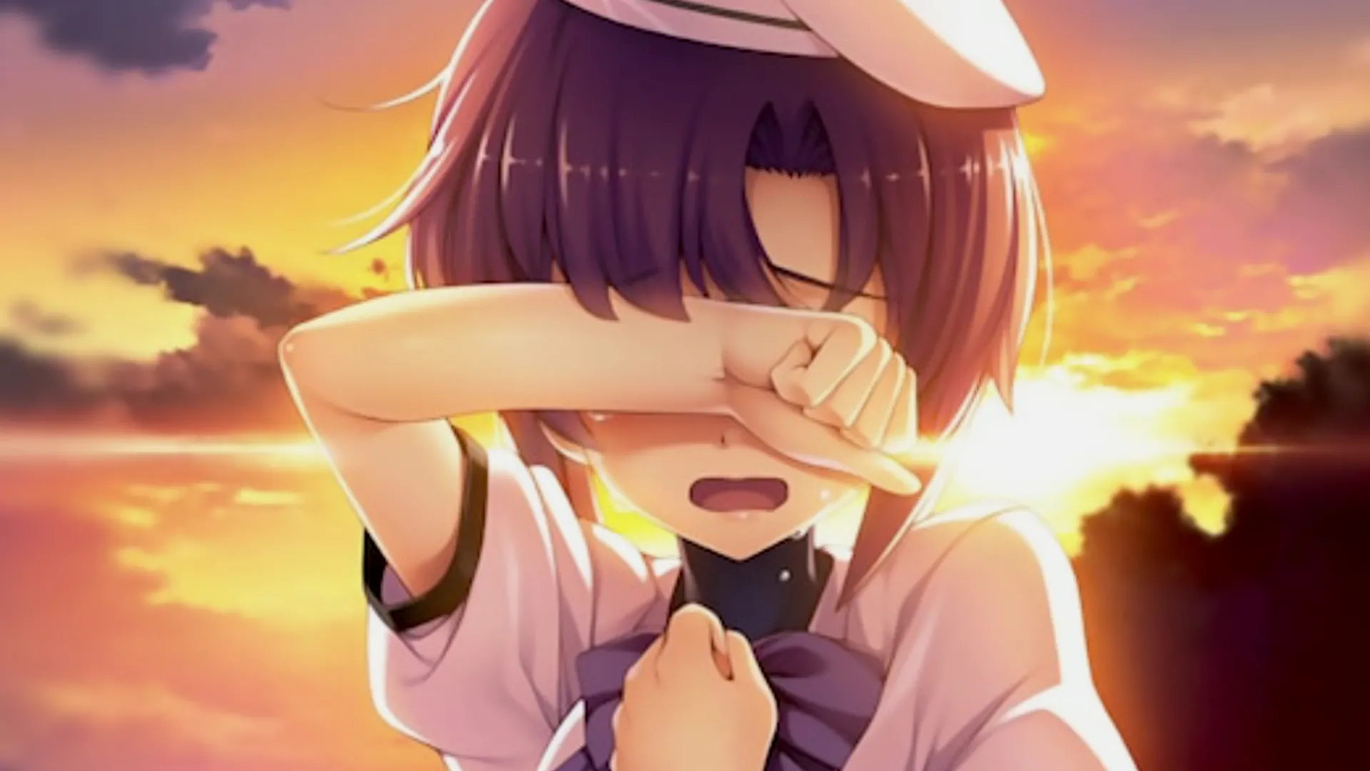 Rena Ryugu khóc trong cảnh hoàng hôn rực rỡ từ Higurashi When They Cry, thể hiện sự đau khổ và bi kịch của câu chuyện.