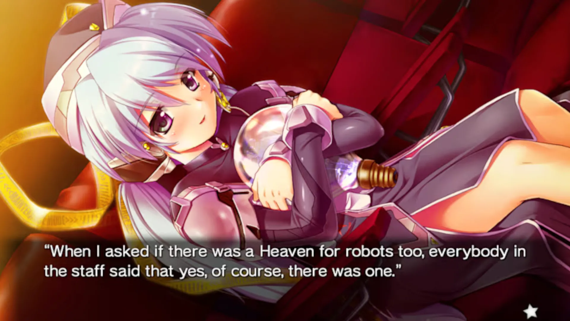 Robot Hoshino trong Planetarian: The Reverie of a Little Planet ôm bóng đèn và nói về thiên đường của robot, hình ảnh cô đơn nhưng đầy hy vọng trong thế giới hậu tận thế.