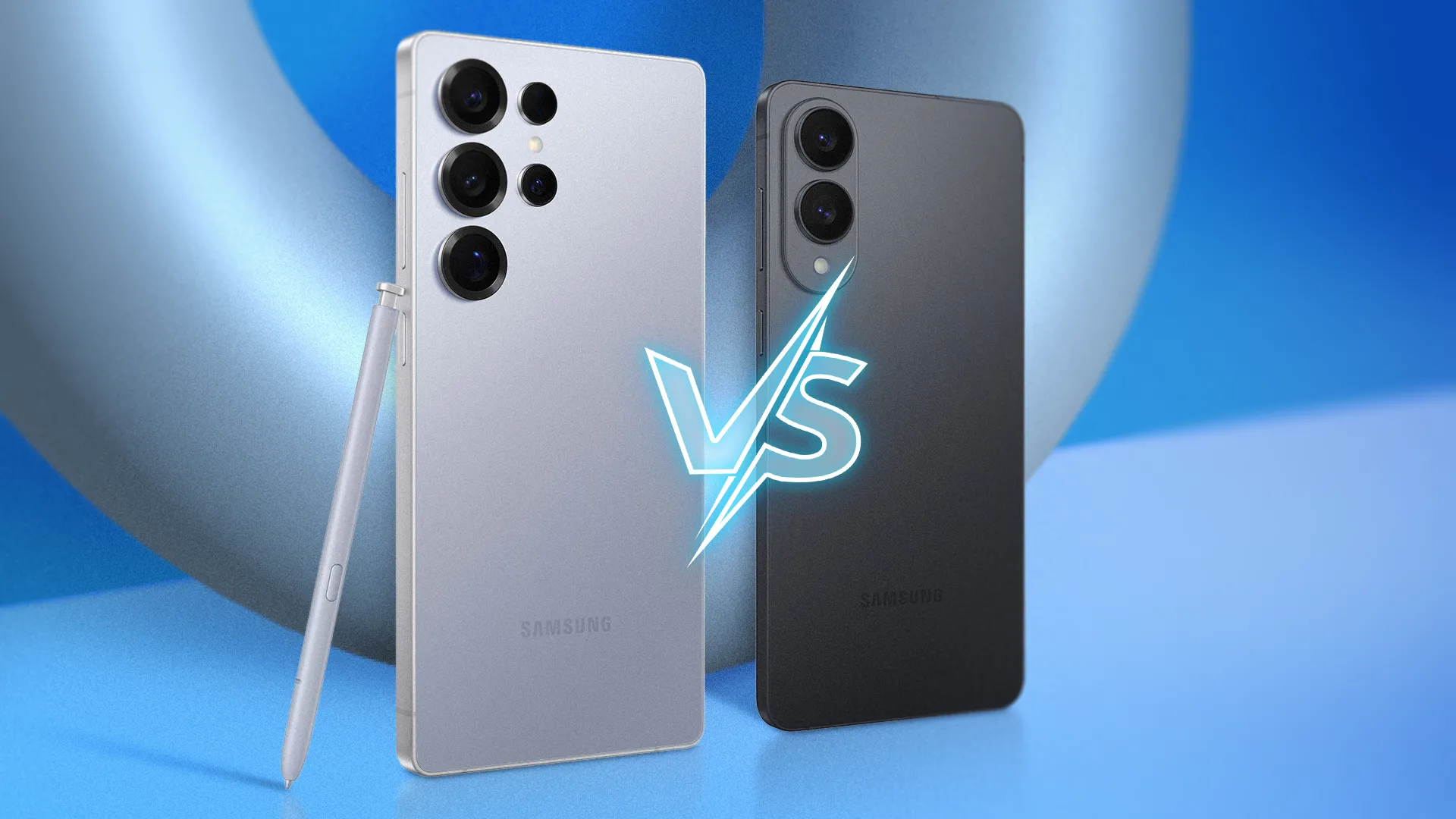 Samsung Galaxy S25 Ultra cạnh Galaxy S25 Edge với ký hiệu &quot;VS&quot; ở giữa