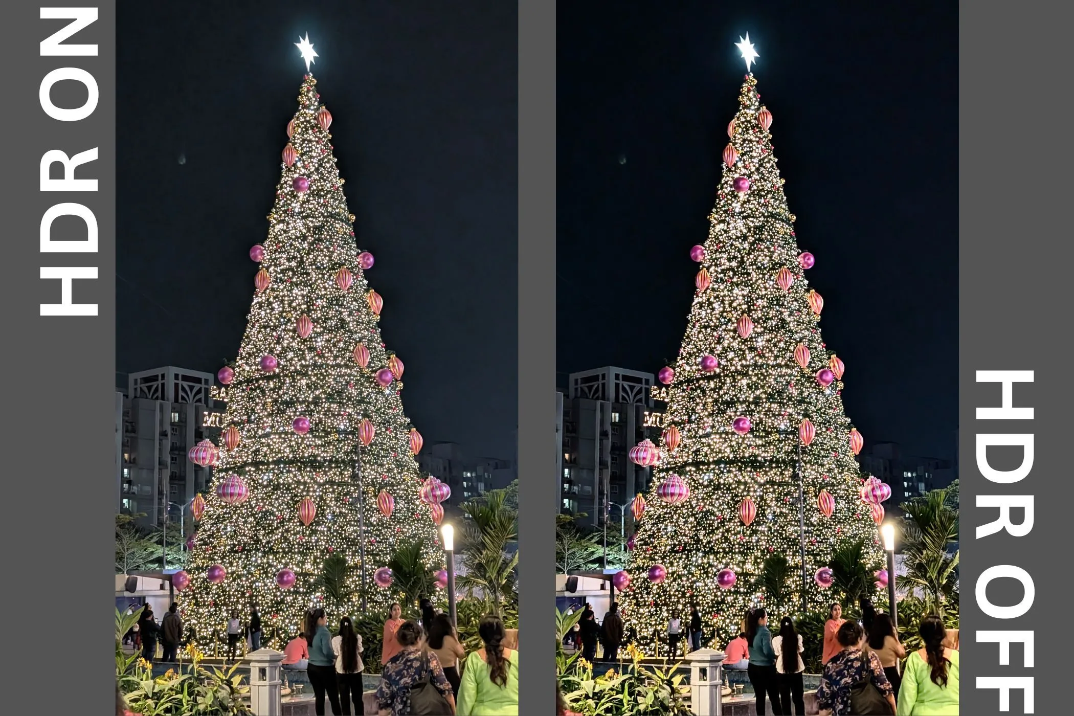 So sánh ảnh thực tế khi bật và tắt HDR, cho thấy sự khác biệt về độ sáng và chi tiết trong điều kiện ánh sáng yếu hoặc hỗn hợp.
