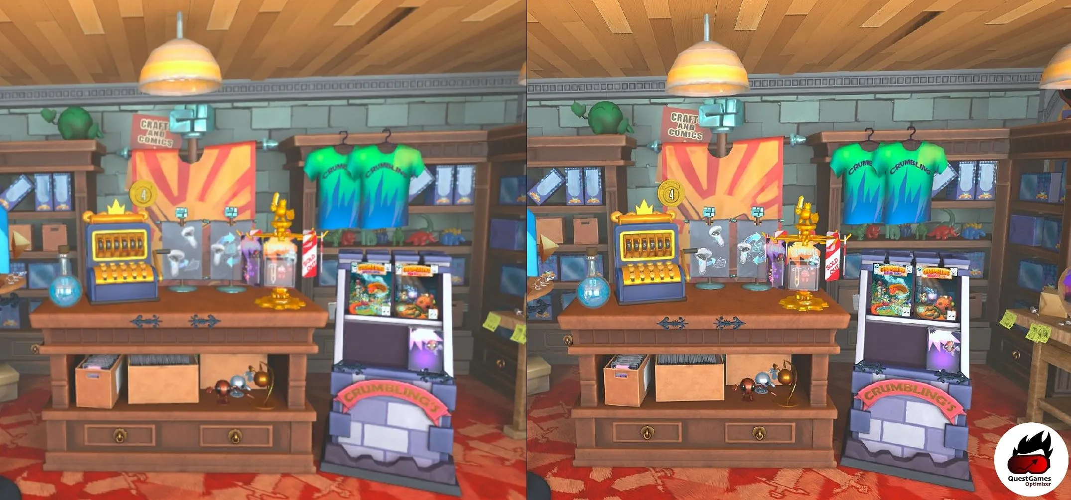 So sánh hình ảnh một cửa hàng trong game VR, thể hiện sự khác biệt rõ rệt về độ sắc nét và chi tiết khi có và không có Quest Games Optimizer.