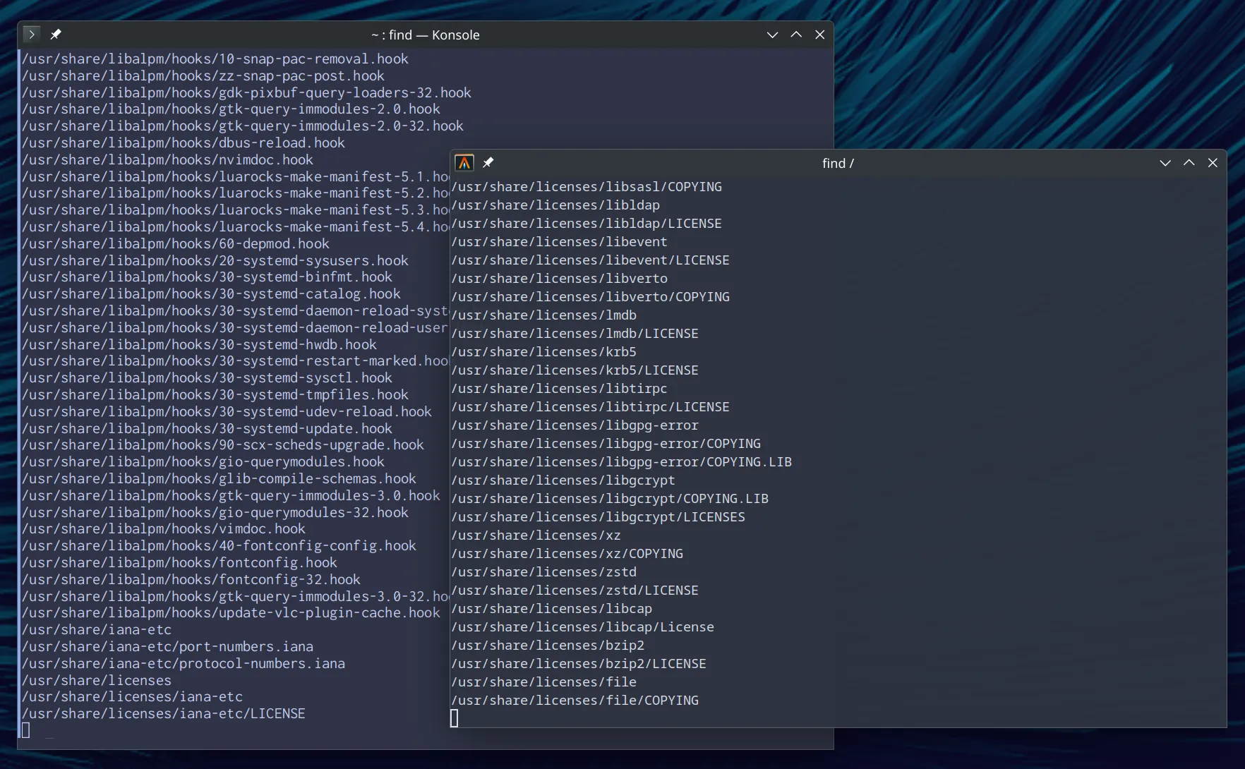 So sánh tốc độ hiển thị kết quả lệnh 'find /' giữa terminal Alacritty (tăng tốc GPU) và Konsole trên Linux, minh họa hiệu suất vượt trội.