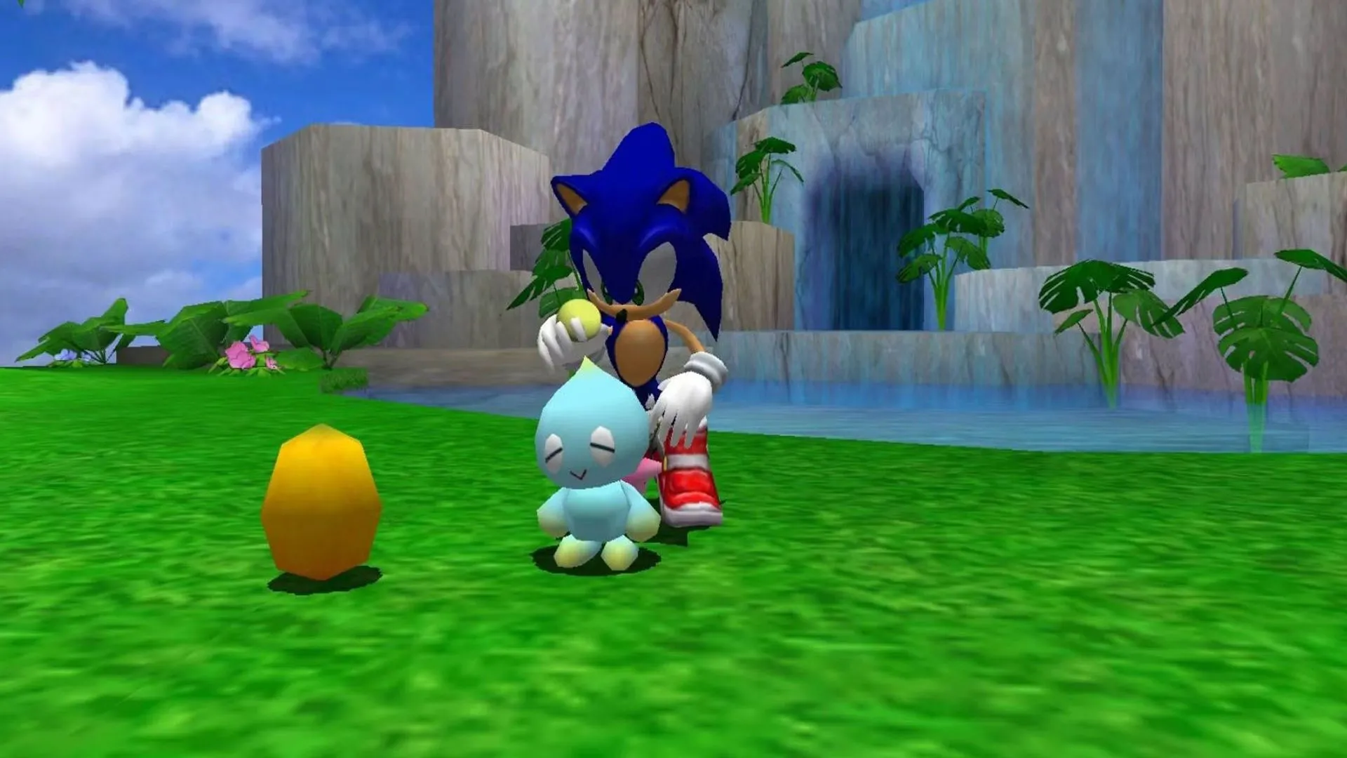 Sonic vuốt ve Chao trong Chao Garden của Sonic Adventure 2, minh họa khu vườn nuôi thú ảo được người hâm mộ yêu thích.