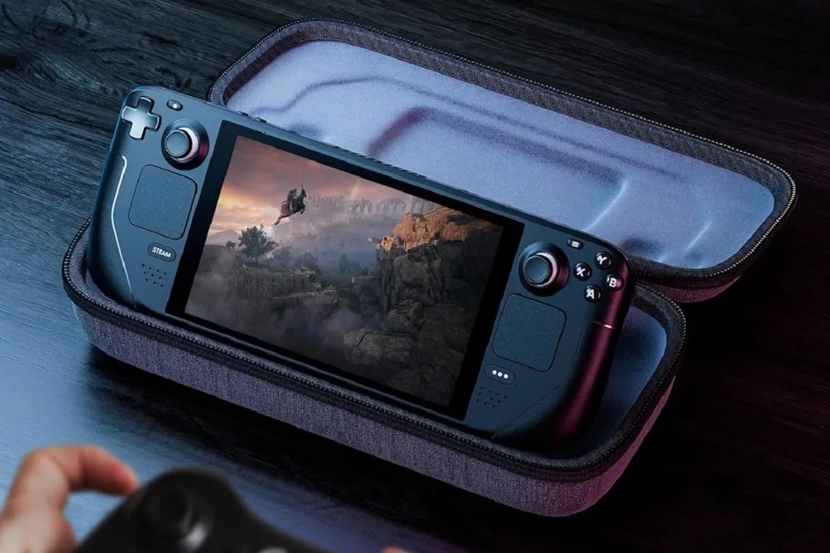 Steam Deck trong bao đựng JSAUX, hiển thị cổng USB-C