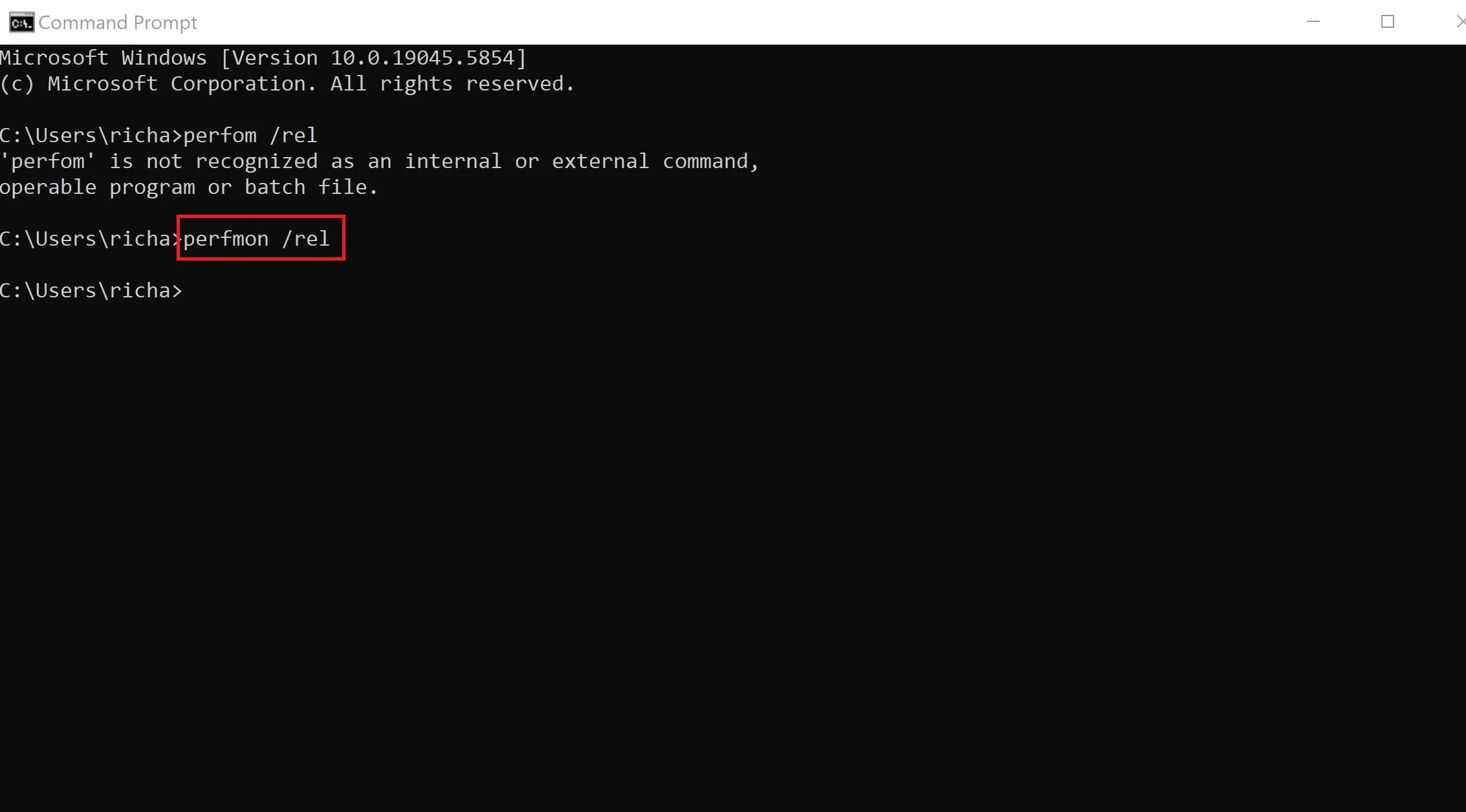 Sử dụng Command Prompt để mở Windows Reliability Monitor với lệnh perfmon /rel
