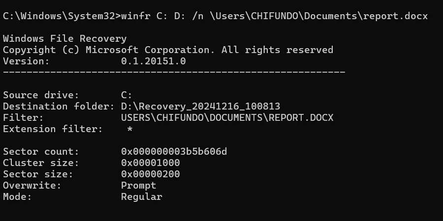 Sử dụng lệnh winfr để khôi phục tệp tin bằng công cụ Windows File Recovery.
