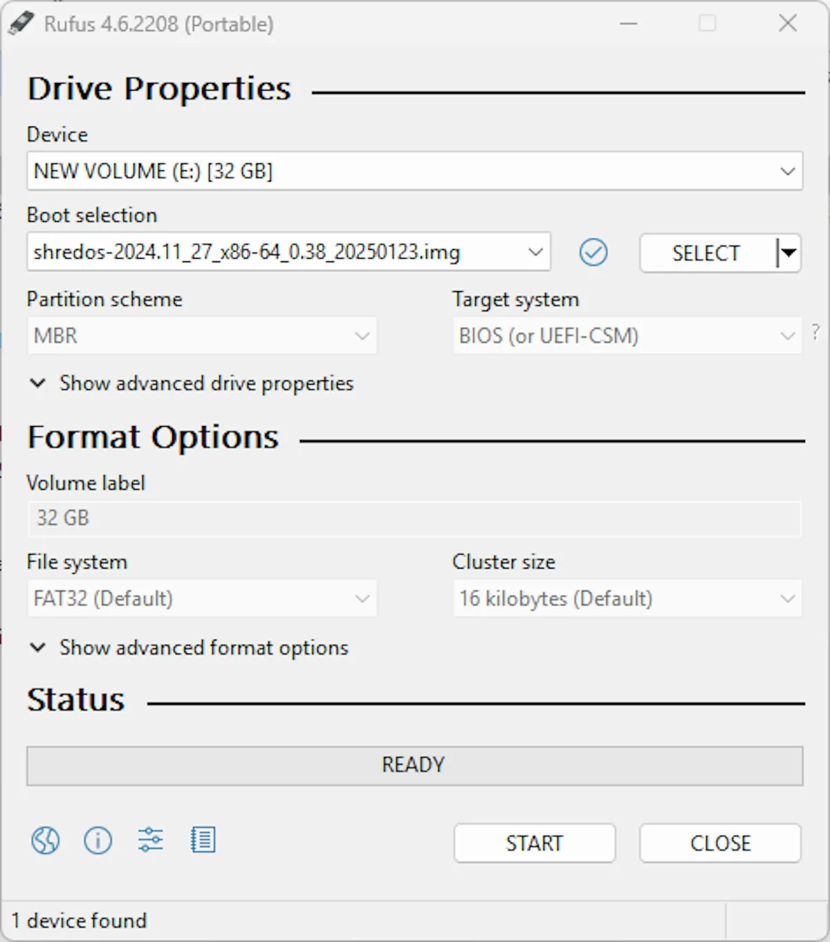Sử dụng Rufus để tạo USB boot chứa ShredOS trên hệ điều hành Windows, cài đặt cho cả BIOS và UEFI.