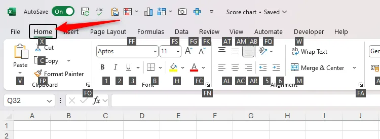 Tab Home trên Ribbon Excel với các tùy chọn Alt đã được kích hoạt.