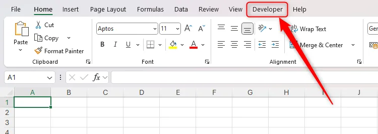 Tab Nhà phát triển (Developer) được chọn trên thanh Ribbon của Excel.