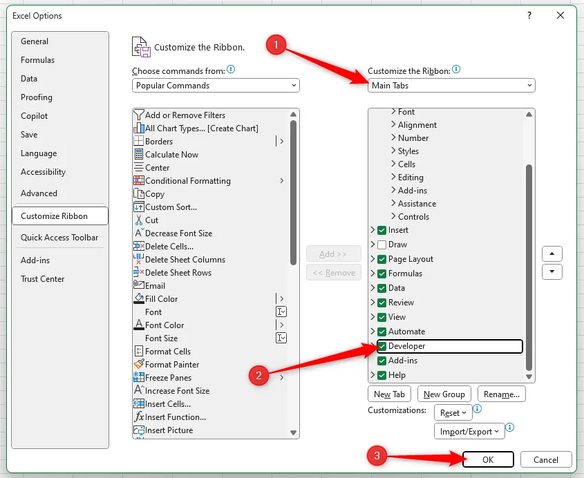 Tab &quot;Nhà phát triển&quot; được đánh dấu chọn trong cửa sổ Tùy chọn Excel và nút &quot;OK&quot; được nhấn.