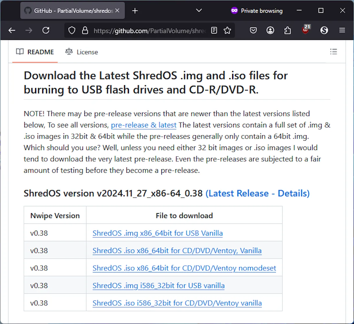 Tải xuống phiên bản ShredOS mới nhất từ kho lưu trữ GitHub để chuẩn bị xóa dữ liệu an toàn.