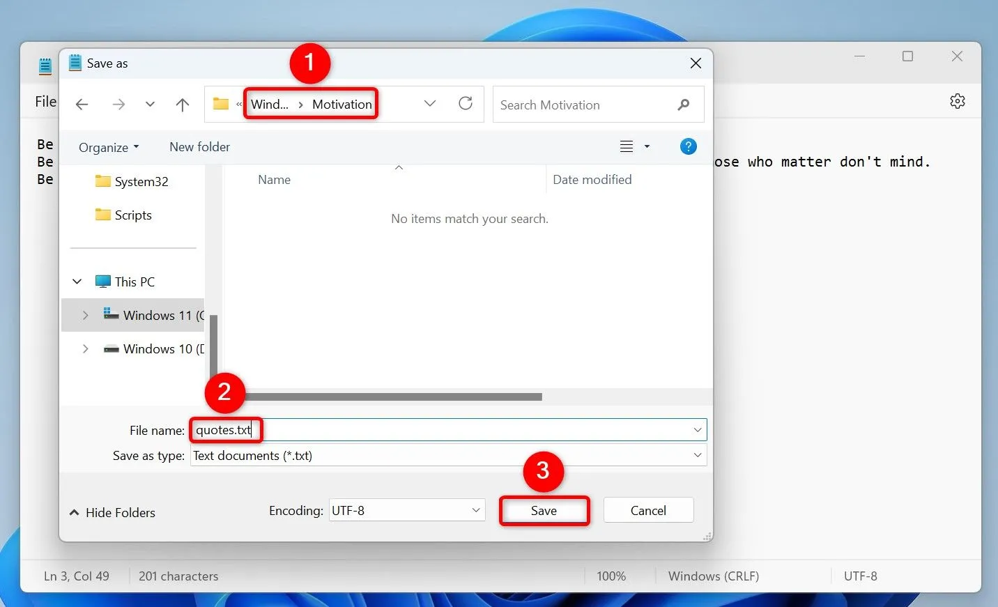 Tạo và lưu file văn bản chứa câu nói truyền cảm hứng trên Notepad