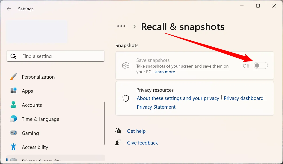 Tắt công tắc 'Lưu ảnh chụp nhanh' để vô hiệu hóa tính năng Recall trên Windows 11