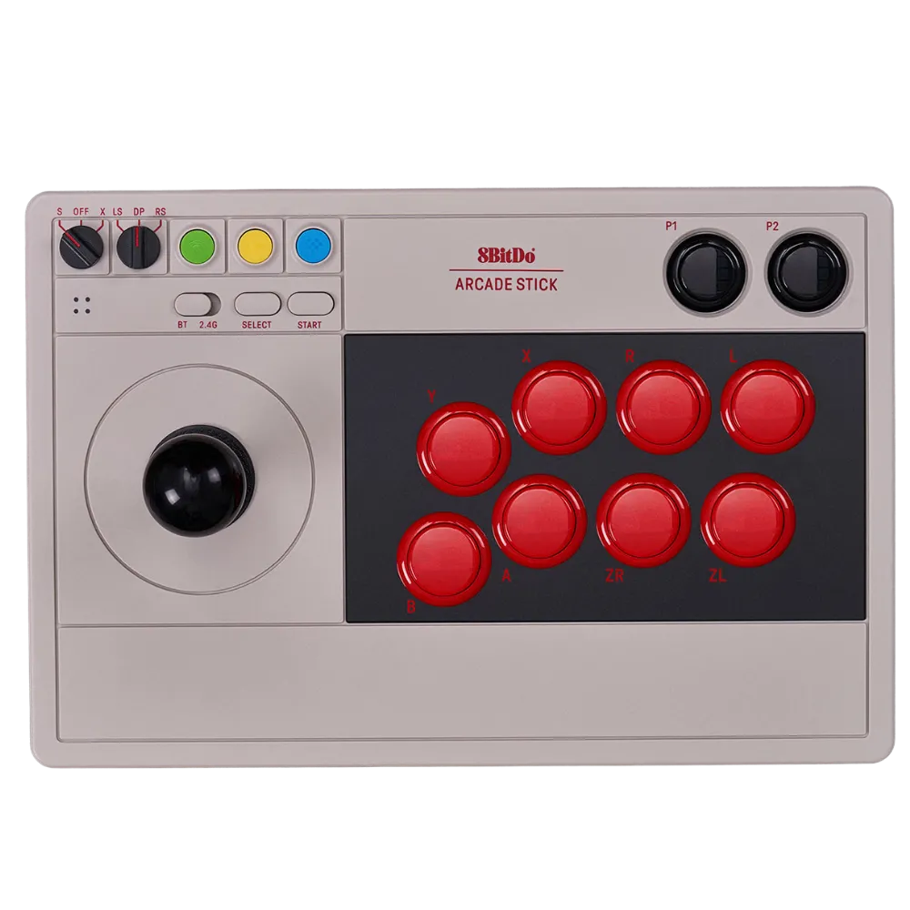 Tay cầm arcade stick 8BitDo màu đen kết nối với Nintendo Switch, tối ưu trải nghiệm chơi game TATE mode.