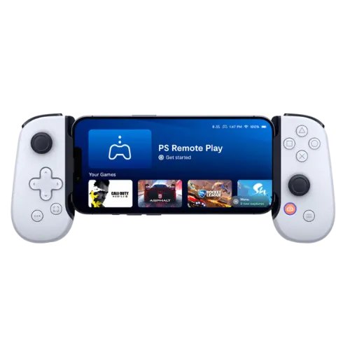 Tay cầm chơi game Backbone One phiên bản PlayStation cho Android, hiển thị ứng dụng Backbone, cải thiện trải nghiệm chơi game giả lập trên điện thoại.