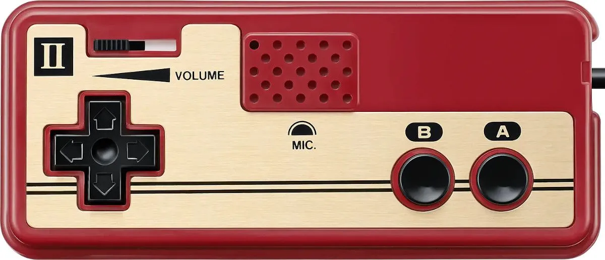 Tay cầm Famicom thứ hai với micro tích hợp, màu đỏ đặc trưng