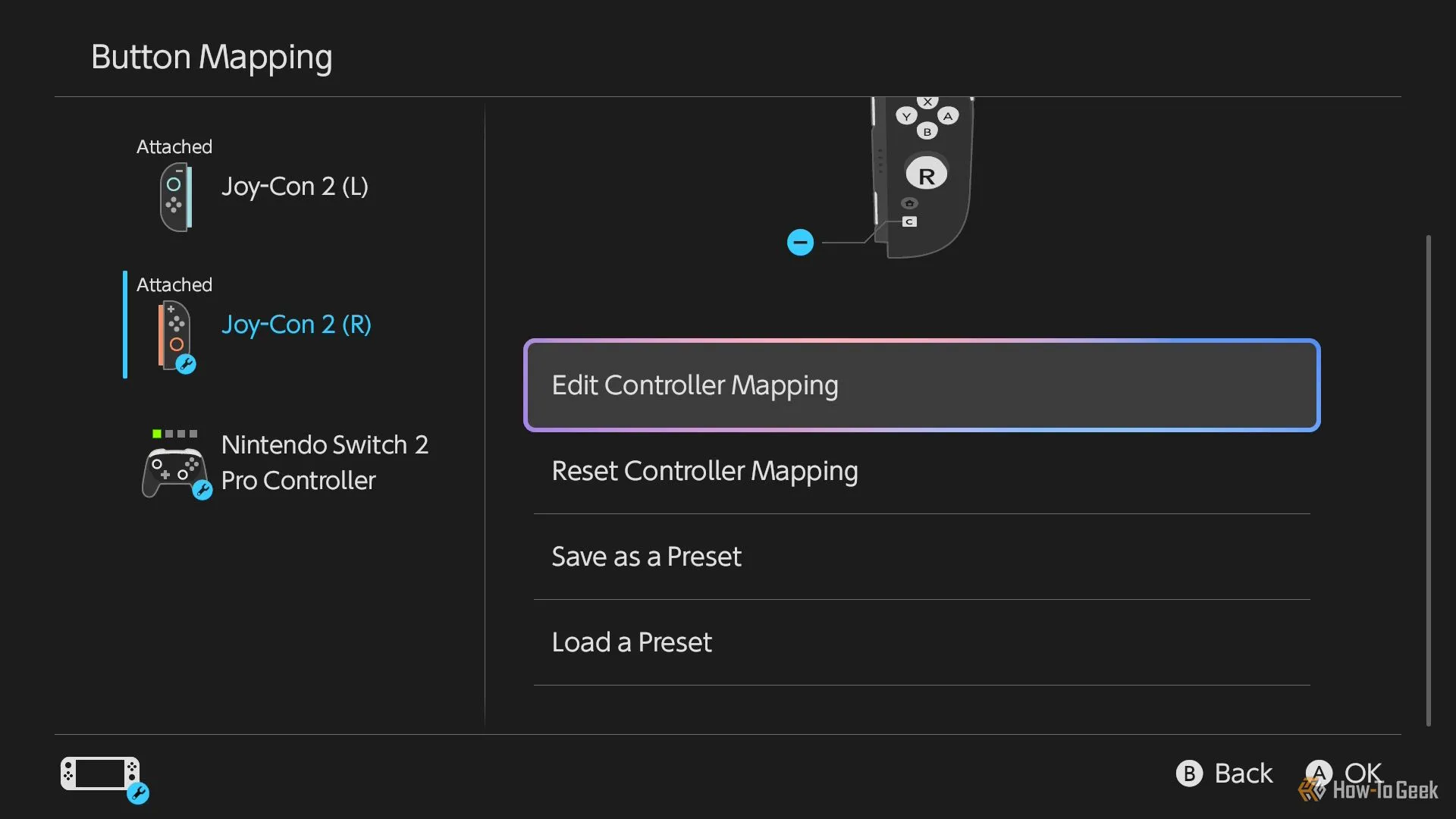 Tay cầm Joy-Con 2 và Switch 2 Pro Controller trong menu gán nút của Switch 2.