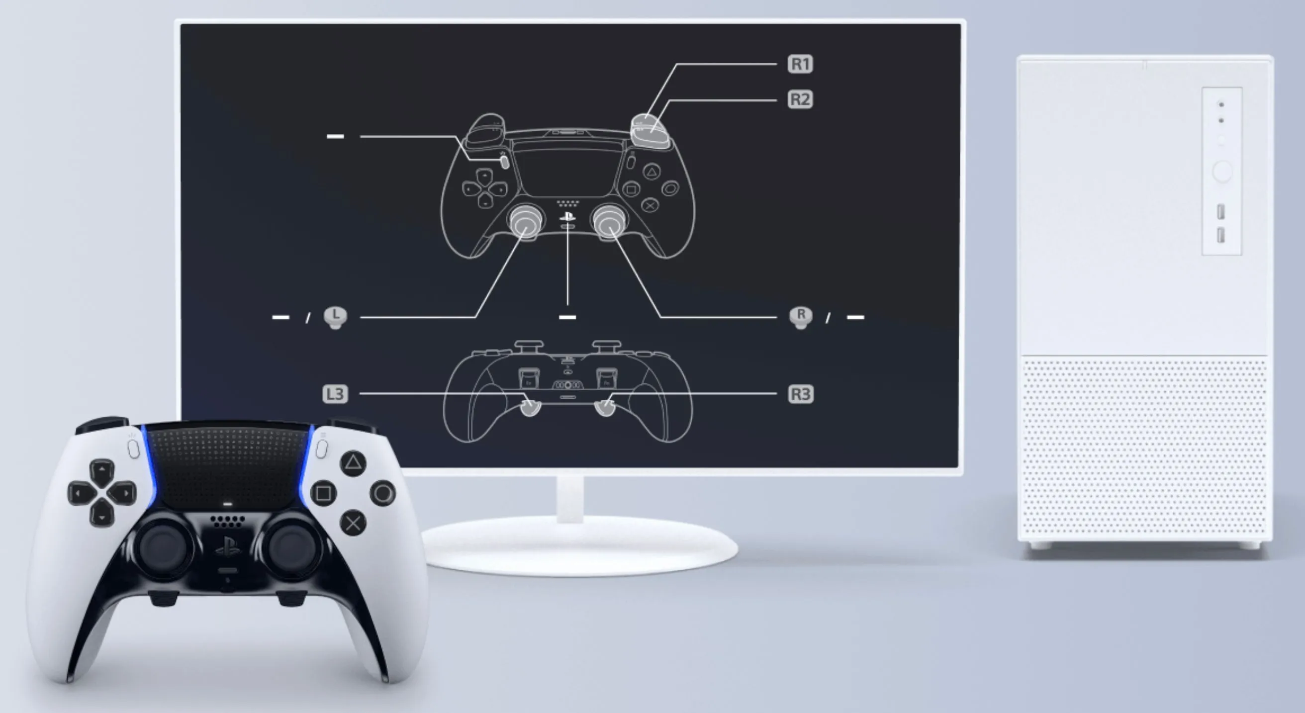 Tay cầm PlayStation DualSense kết nối với PC và màn hình trên nền xám