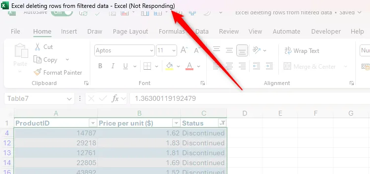 Tệp Excel bị treo và không phản hồi.