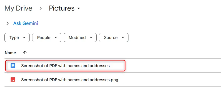 Tệp Google Tài liệu được tạo tự động với cùng tên với ảnh PNG gốc trong Google Drive.