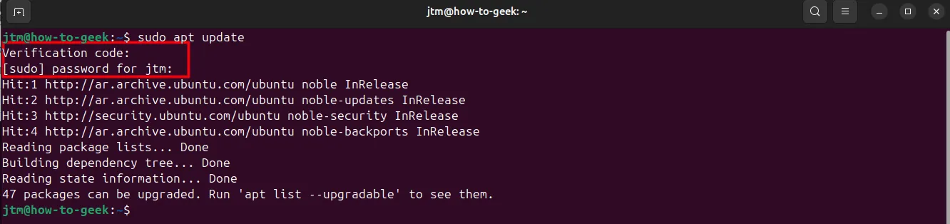 Terminal Ubuntu hiển thị yêu cầu mã xác thực 2FA và mật khẩu khi thực hiện lệnh sudo.