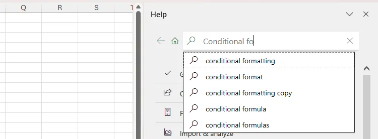 Thanh tìm kiếm trong khung Trợ giúp Excel hiển thị các gợi ý liên quan đến &quot;conditional fo&quot;