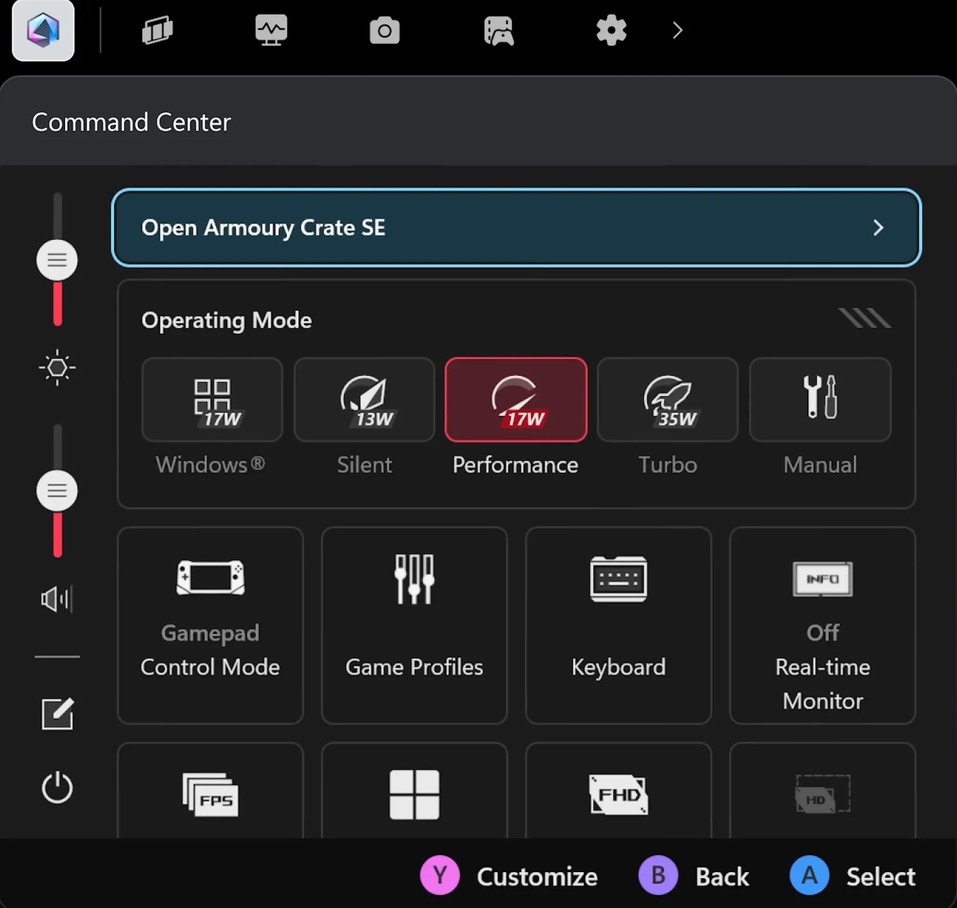 Thanh Xbox Game Bar được thiết kế lại đang chạy widget ASUS Armoury Crate, cho phép điều chỉnh cài đặt nhanh chóng.