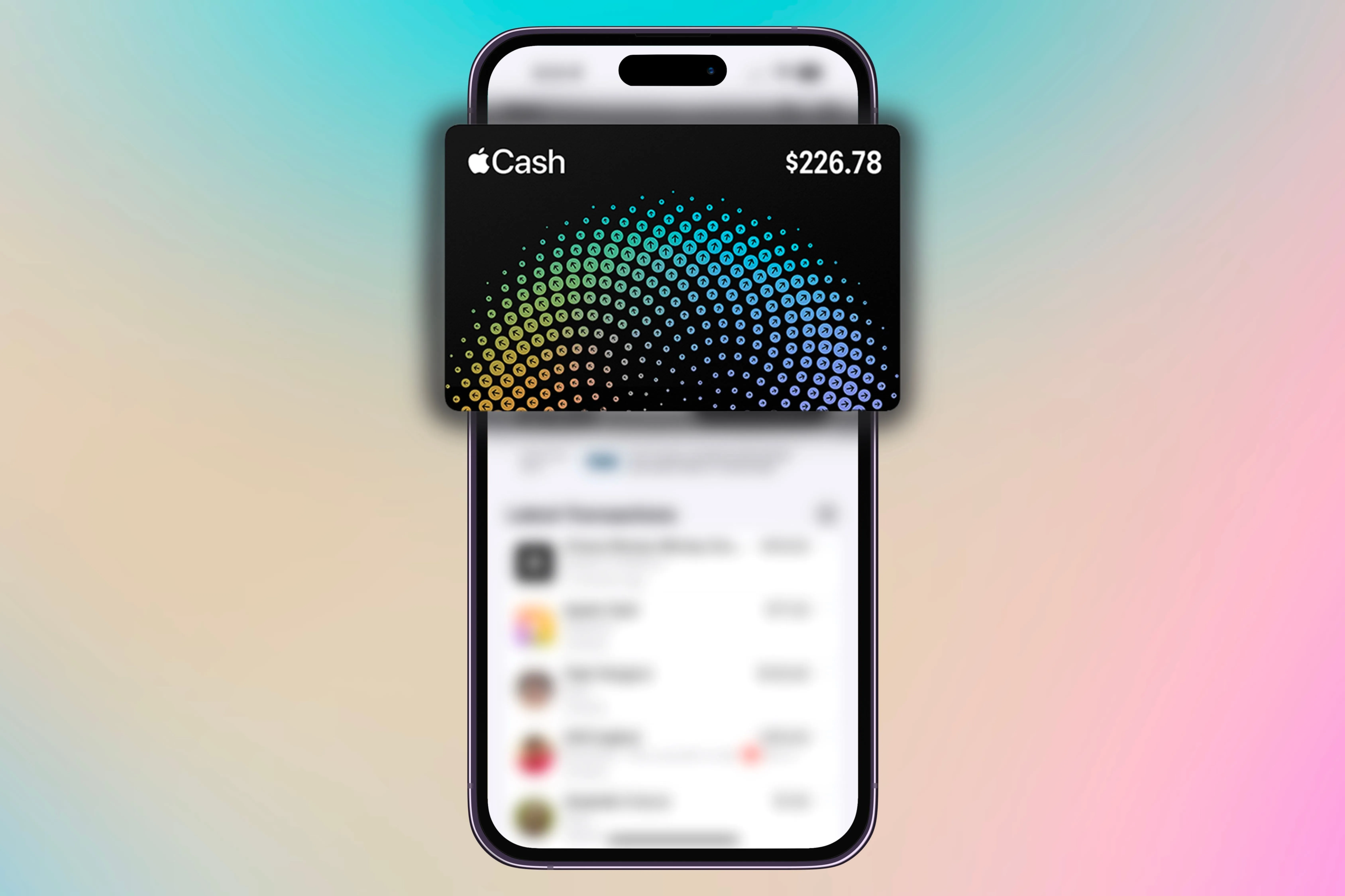 Thẻ Apple Cash và các giao dịch được hiển thị nổi bật trên nền màu sắc, minh họa hệ thống thanh toán dễ dàng cho các thành viên trong gói cước gia đình.