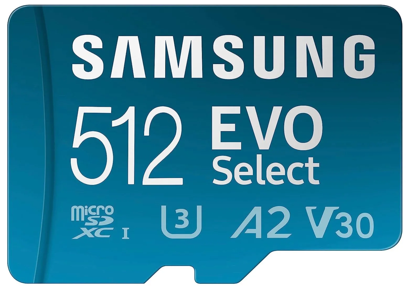Thẻ nhớ Samsung EVO Select microSD 512GB với thiết kế màu trắng xanh đặc trưng, phù hợp cho Steam Deck và Nintendo Switch.