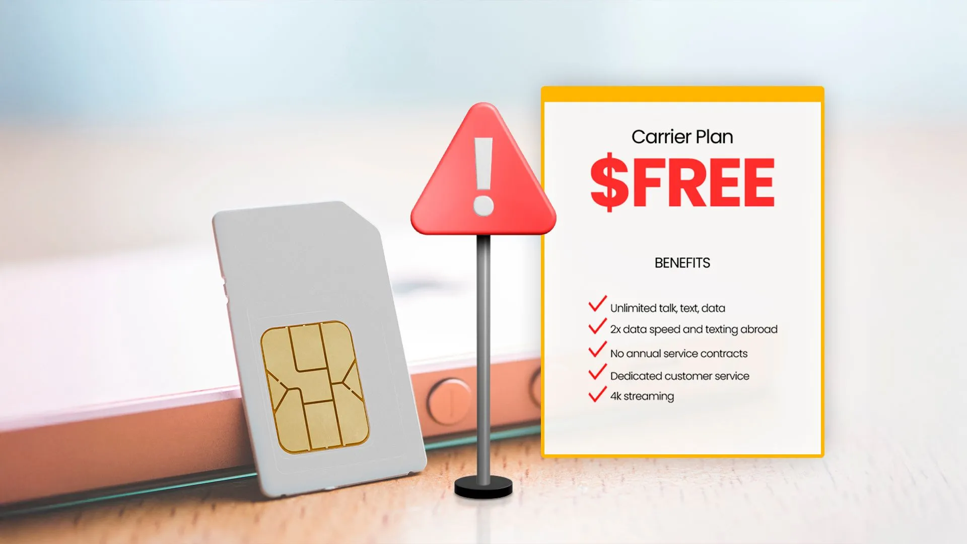 Thẻ SIM cạnh điện thoại, gói cước nhà mạng và biển cảnh báo.