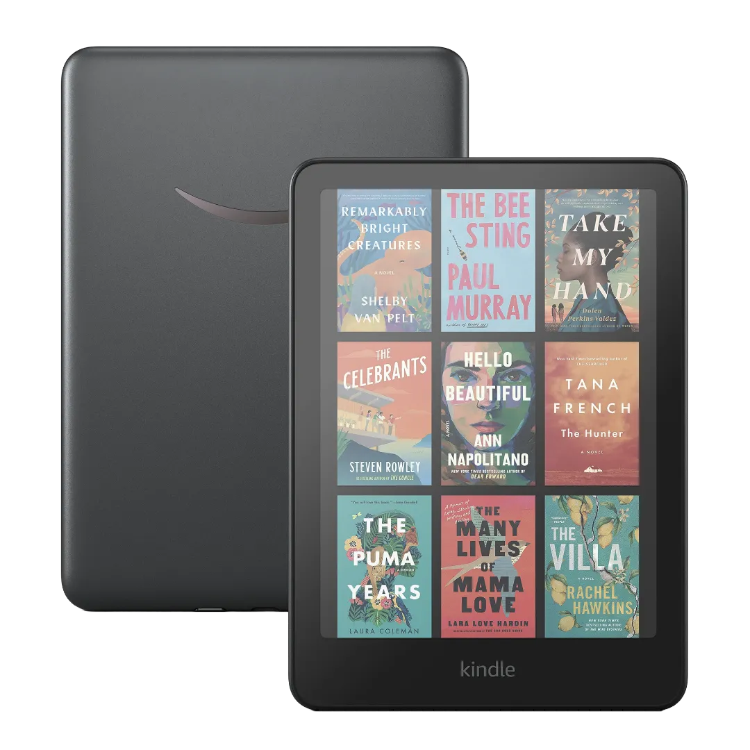 Thiết bị đọc sách điện tử Amazon Kindle Colorsoft 2024 với màn hình màu hiển thị giao diện.