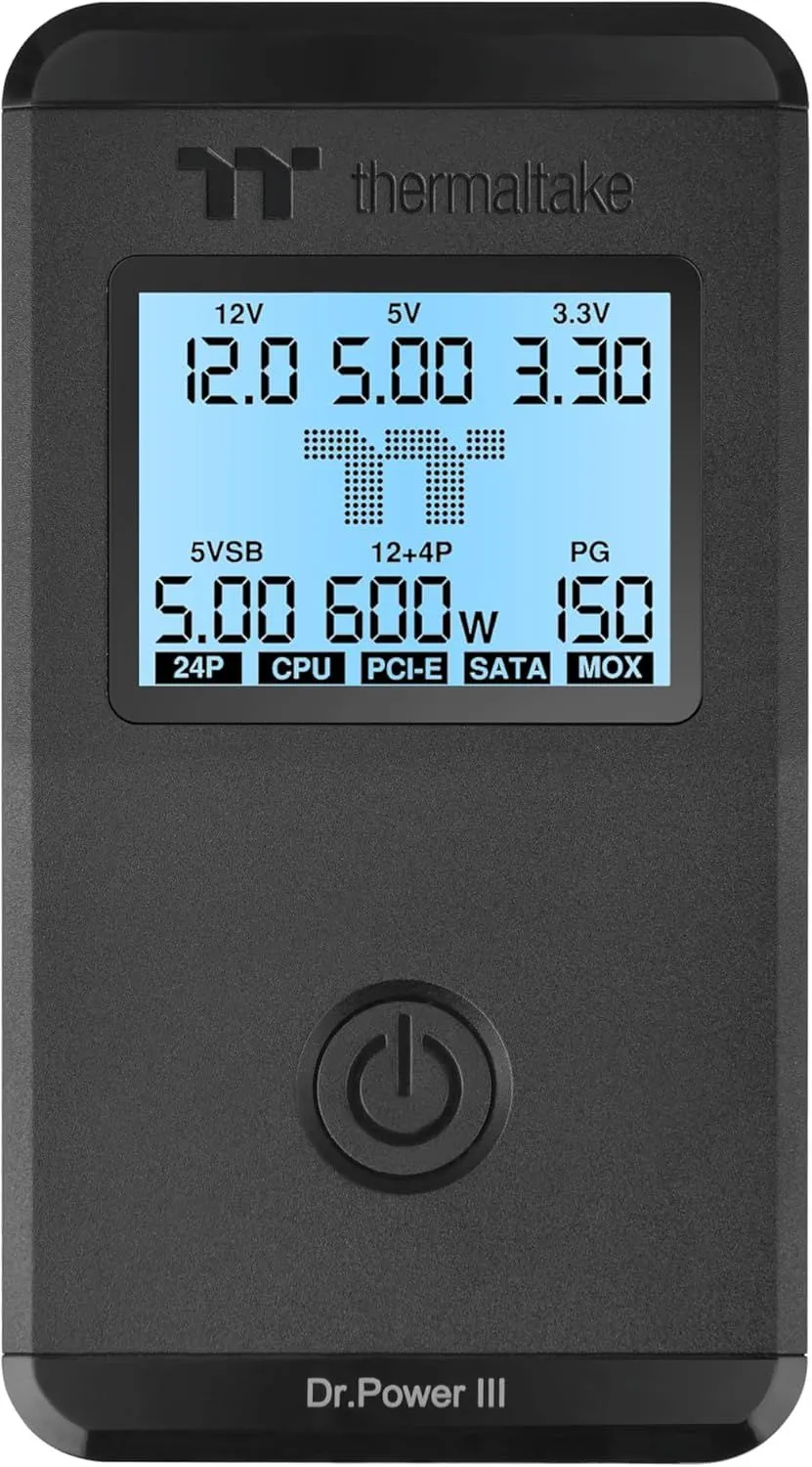 Thiết bị kiểm tra nguồn PSU Tester hiển thị thông số điện áp, giúp kiểm tra an toàn cáp nguồn modular